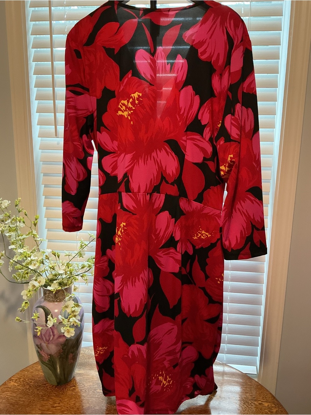 INC International Concepts Faux Wrap Dress with Red & Pink Floral Pattern - Picture 2 of 4